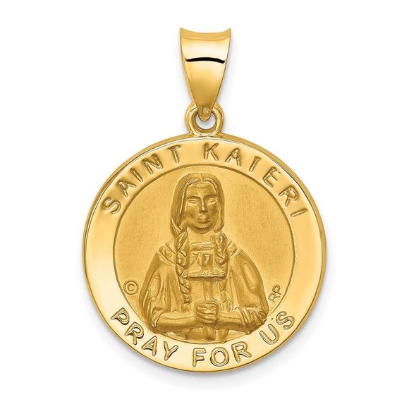 14k Yellow Gold Hollow St. Kateri Medal Pendant, 19mm (3/4 Inch) - Picture 1 of 5